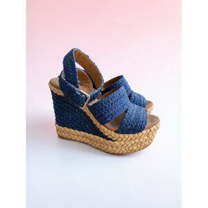POLO RALPH LAUREN Blue Beige Woven Espadrille Platform Wedges Size 37.5/ US 7.5